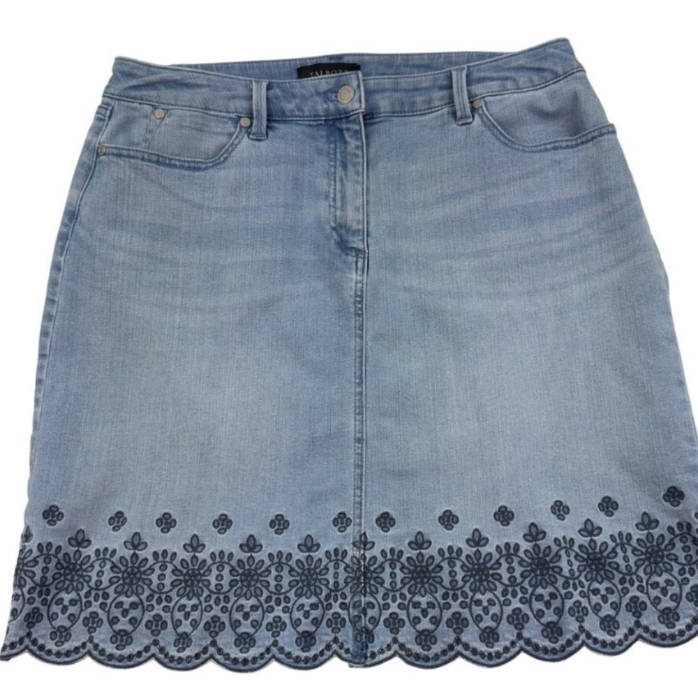 Talbots Light Blue Denim Skirt with Dark Blue Embroidery